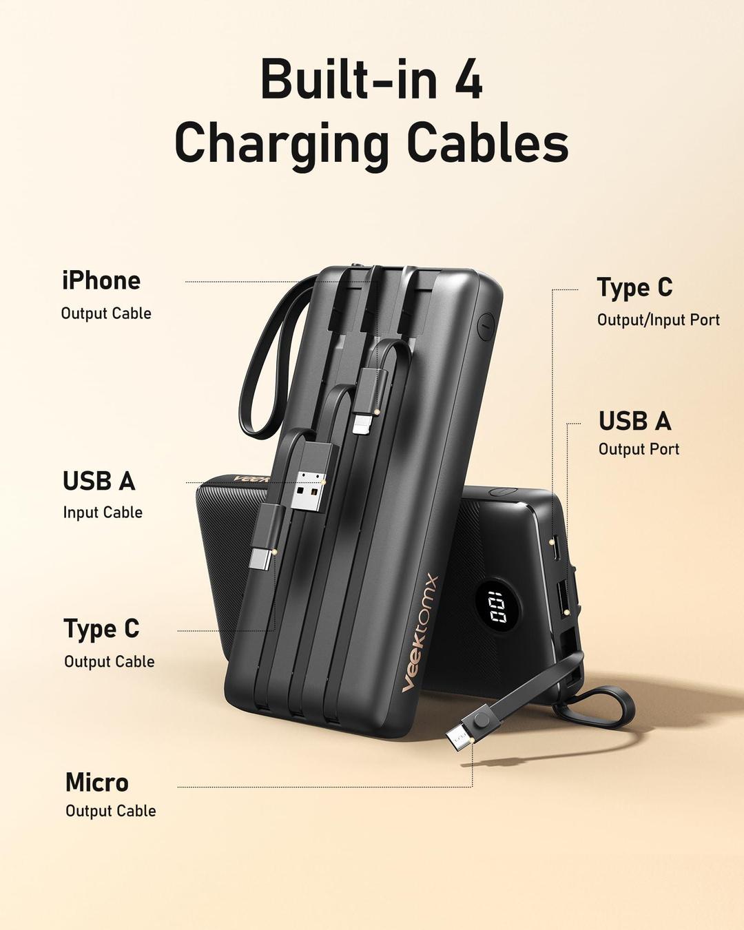 Power Bank with Built-In Cables